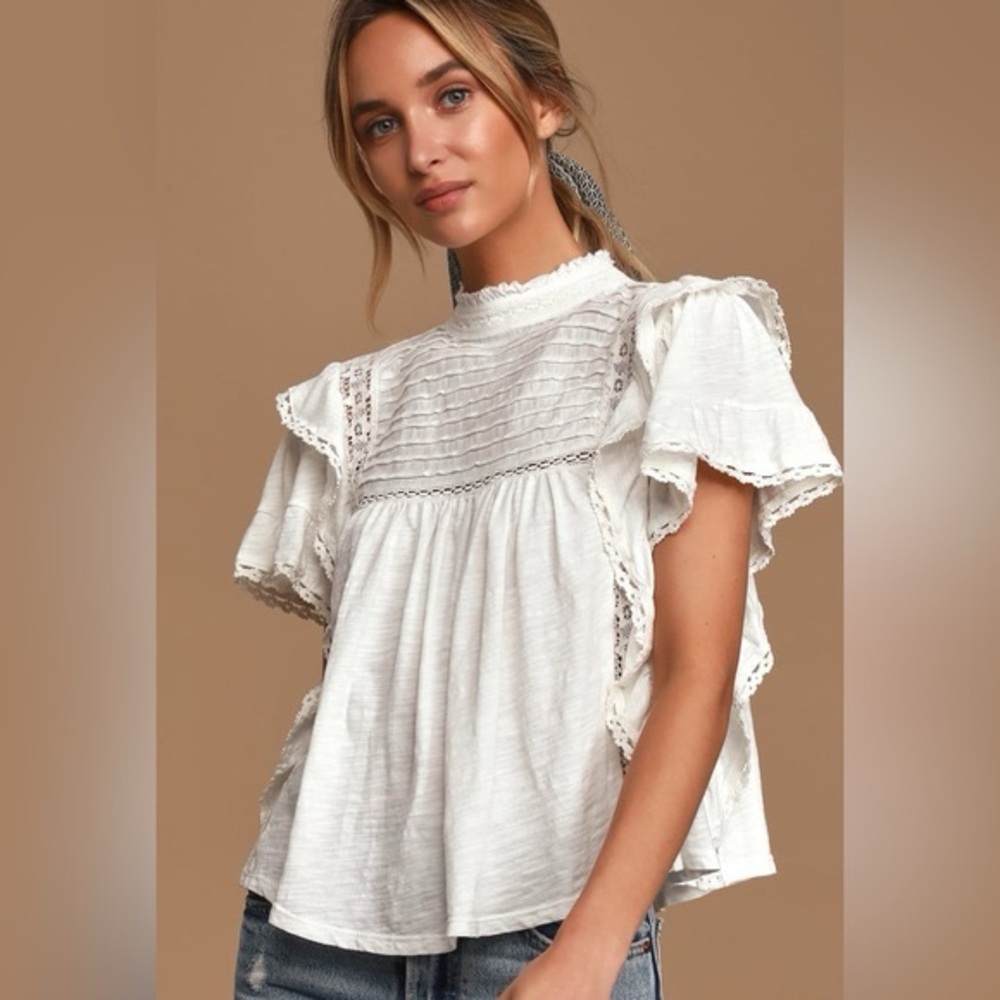 Free People White Lace-Trim Ruffled Short Sleeve Blouse